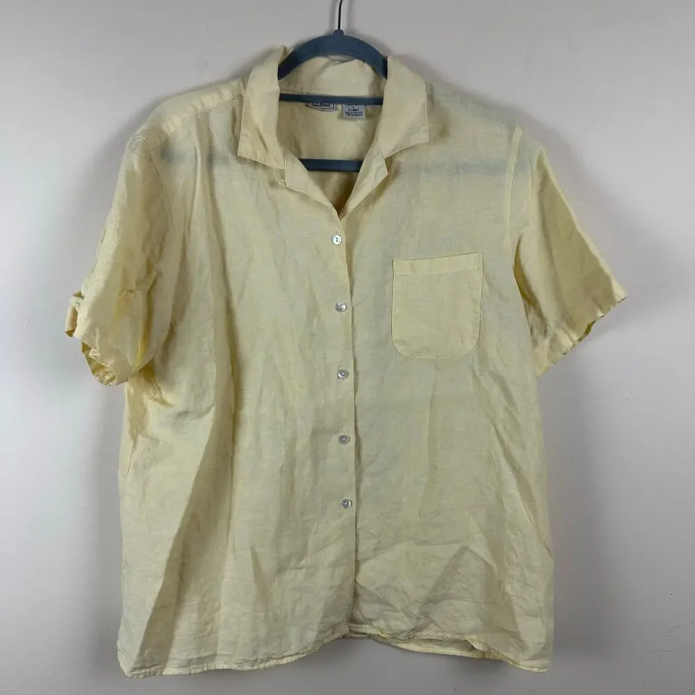 LL Bean Linen Button Front Shirt Size L Butter Yellow Minimalist Resort Vacation - Picture 3 of 8